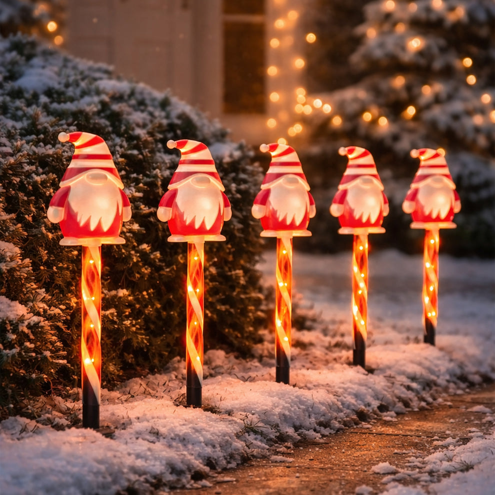 Set of 5 Solar Christmas Candy Gnome LED Path Lights – Warm White | Lexi Lighting