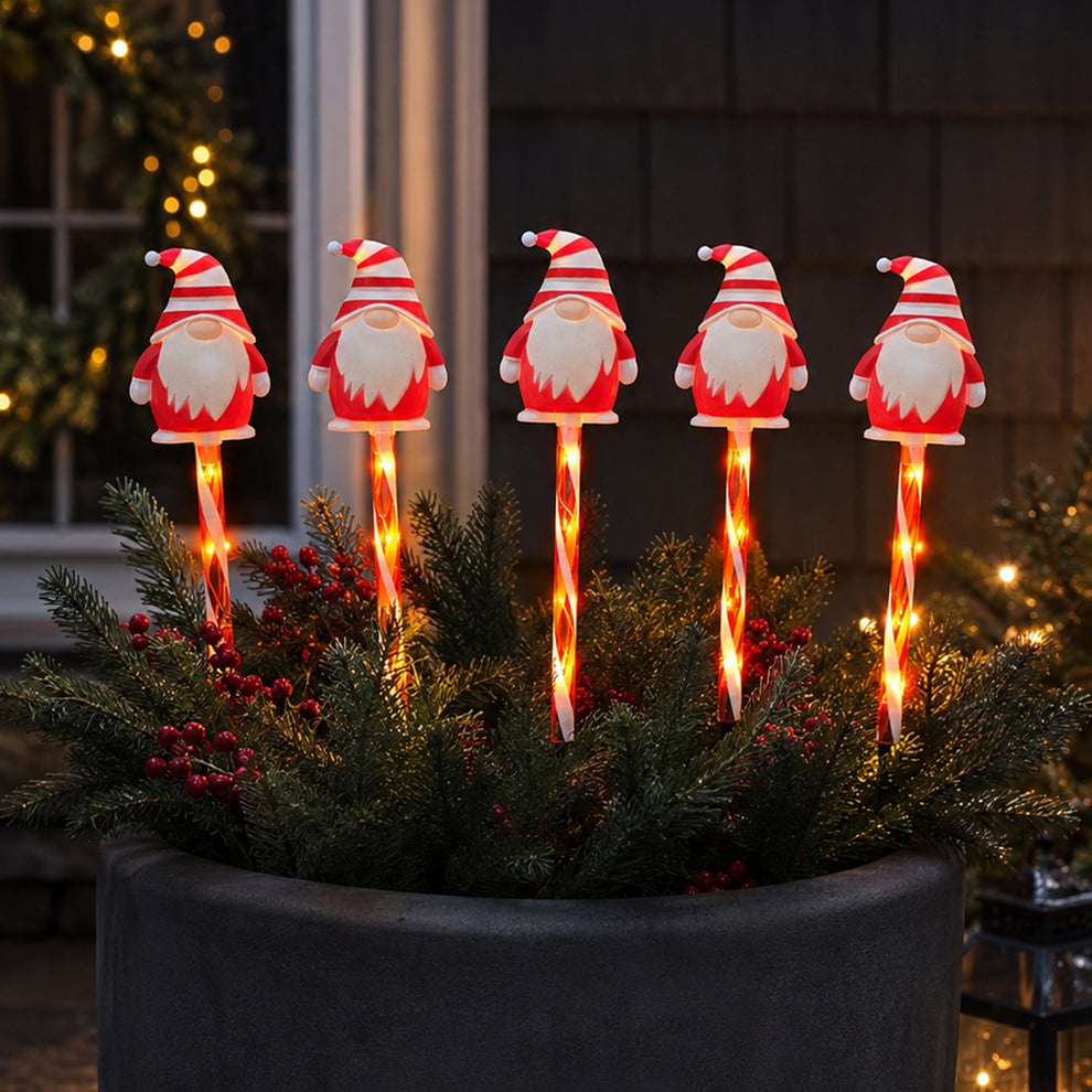 Set of 5 Solar Christmas Candy Gnome LED Path Lights – Warm White | Lexi Lighting