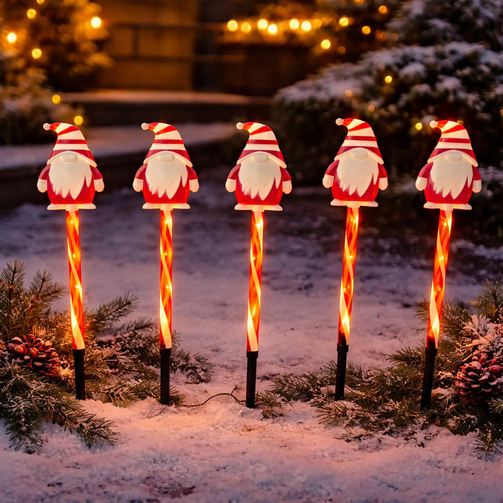 Set of 5 Solar Christmas Candy Gnome LED Path Lights – Warm White | Lexi Lighting