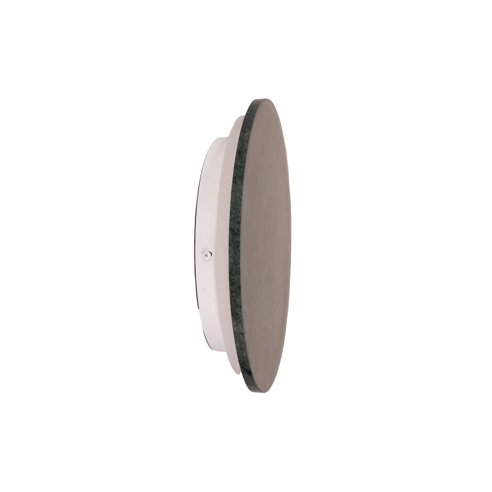 Round white object with a dark gray circular component on a white background