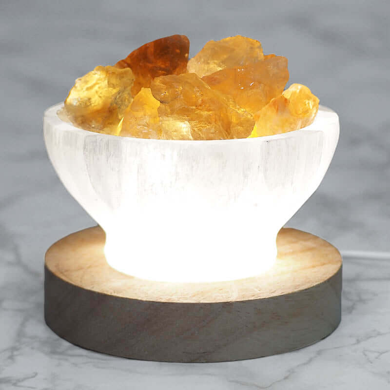 Selenite Fire Bowl With Citrine Rough on LED Base