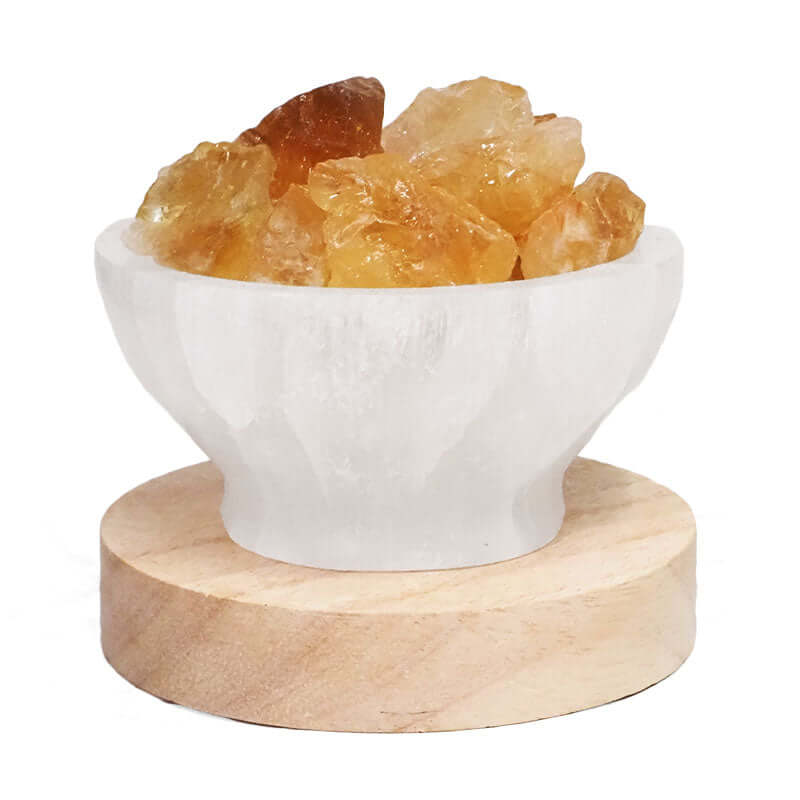 Selenite Fire Bowl With Citrine Rough on LED Base