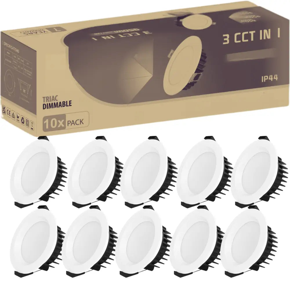 13W LED Downlight 90mm - Tri-Colour Dimmable | Trade Pack 10 includes ten round recessed ceiling lights with white trim and black heatsinks.