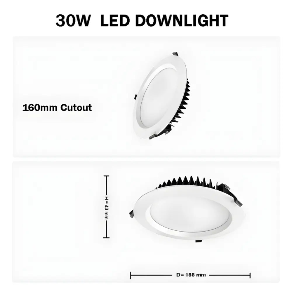 30W Tri-Colour Dimmable LED Downlight - 160mm Cut Out