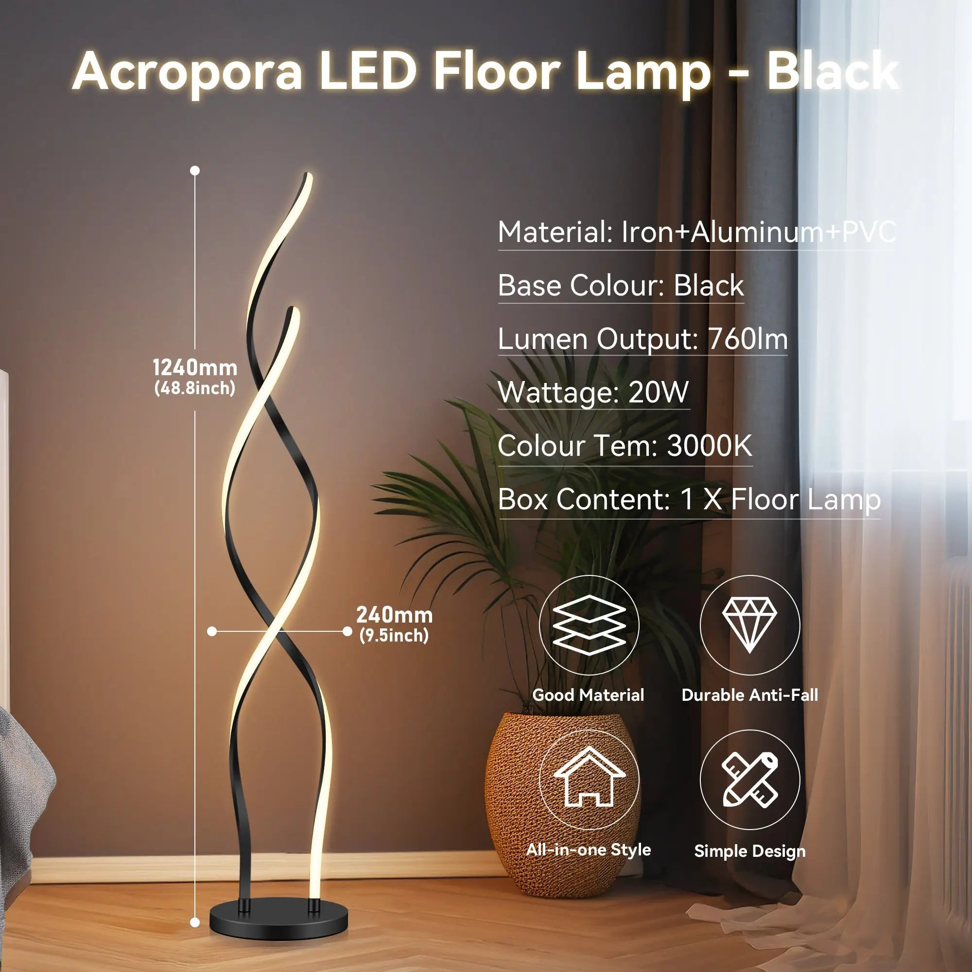 Acropora LED floor lamp black, 20W twisted modern design, 1240mm tall