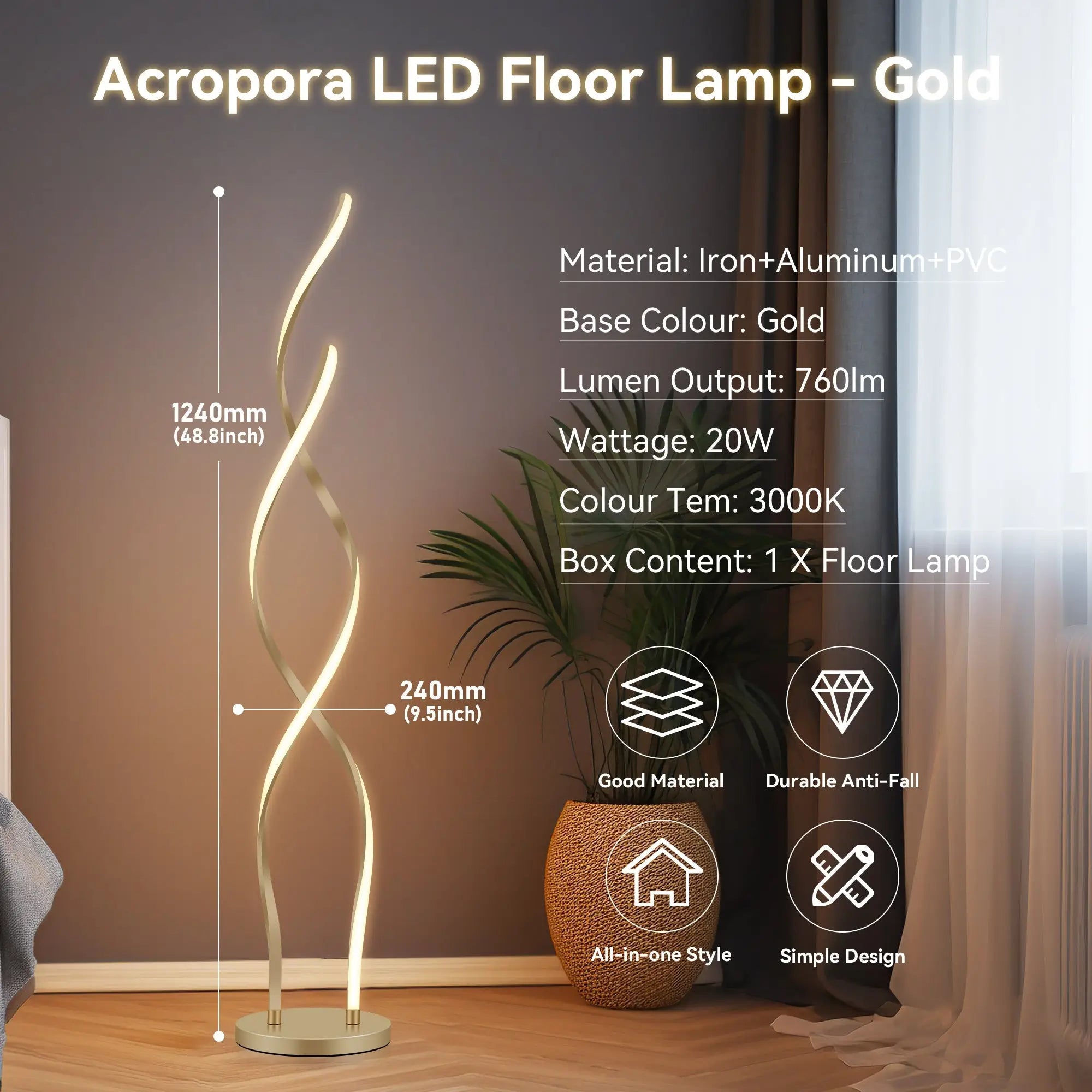 Lexi Lighting Acropora LED floor lamp gold wavy double-helix design