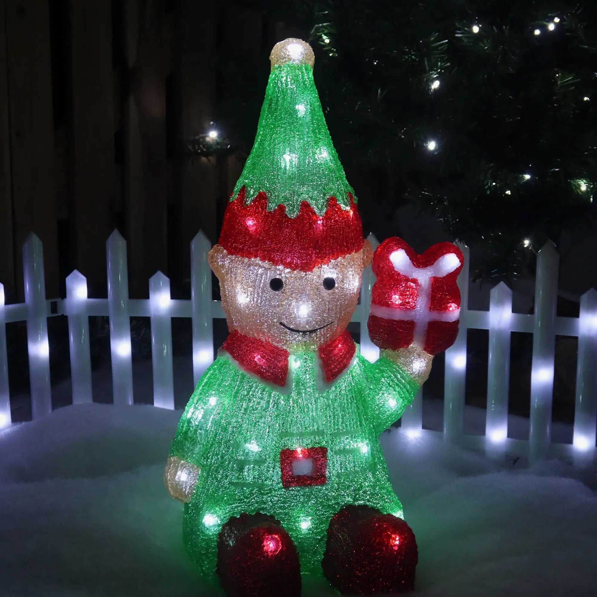 Lexi Lighting acrylic Christmas elf with giftbox decoration