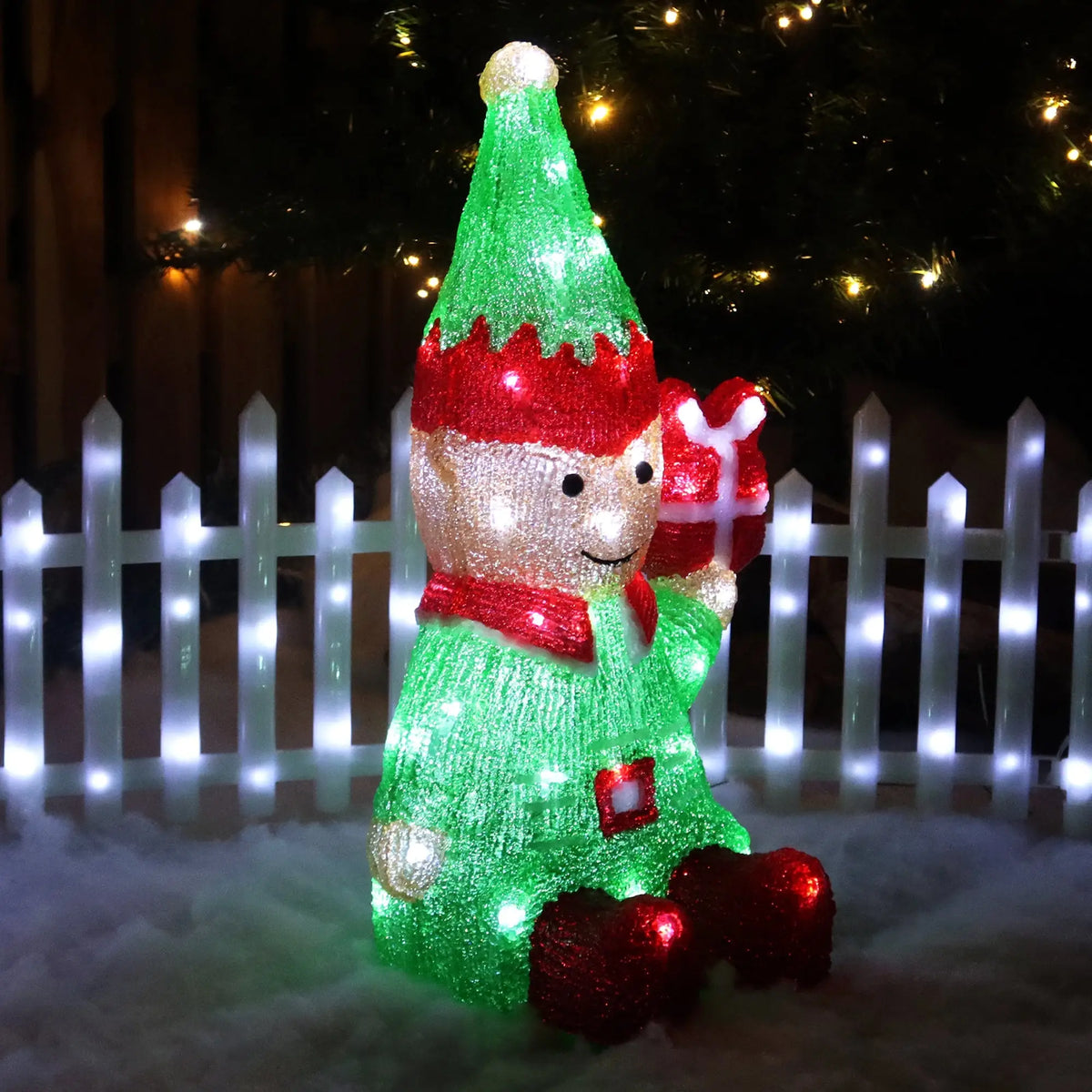 Lexi Lighting acrylic Christmas elf with giftbox, green red hat silver body red boots