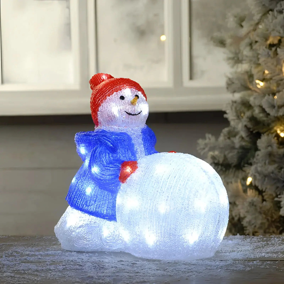 Illuminated 34cm Acrylic Snowman with Snowball, IP44, white lead wire