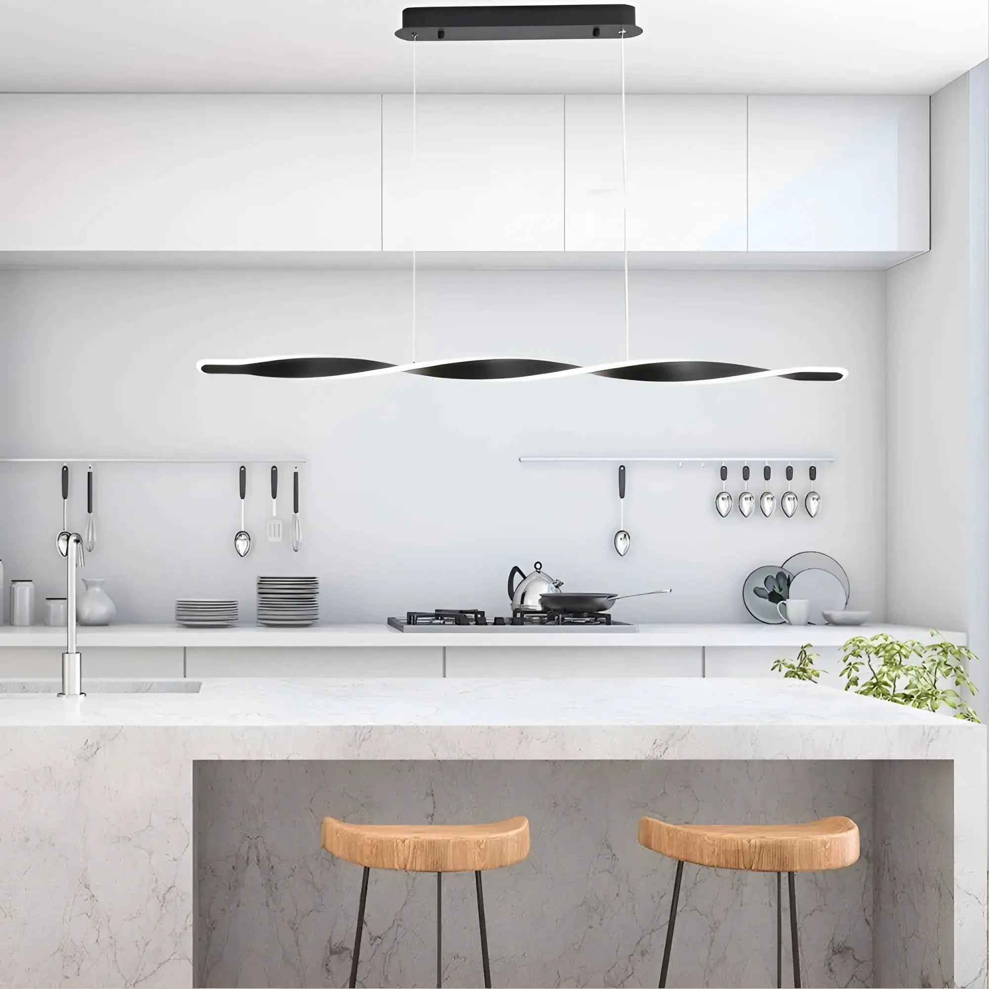Tri-colour dimmable pendant light hanging over a modern dining table.