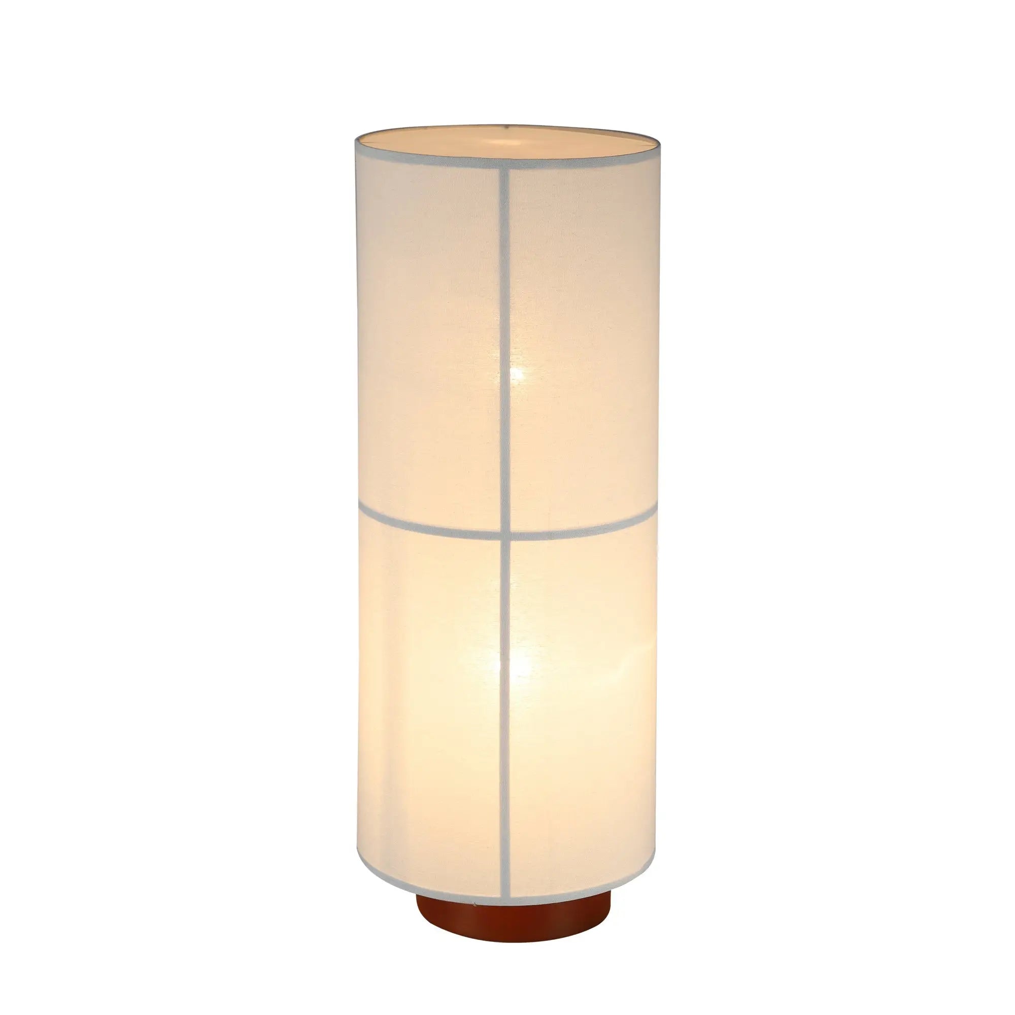 Ailsa linen floor lamp with white cylindrical shade, wooden base, grid pattern