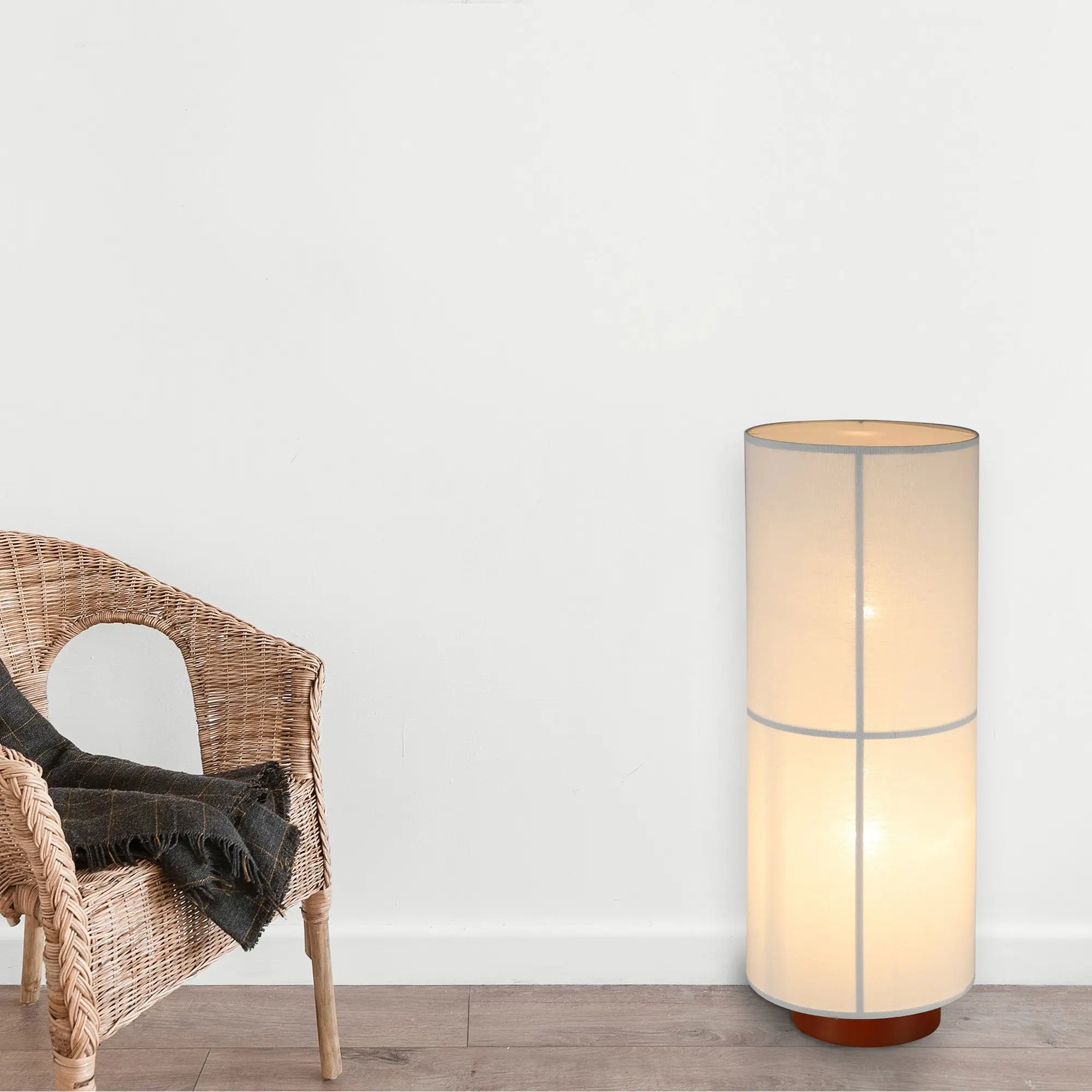 Ailsa linen floor lamp with white cylindrical shade, wooden slim base