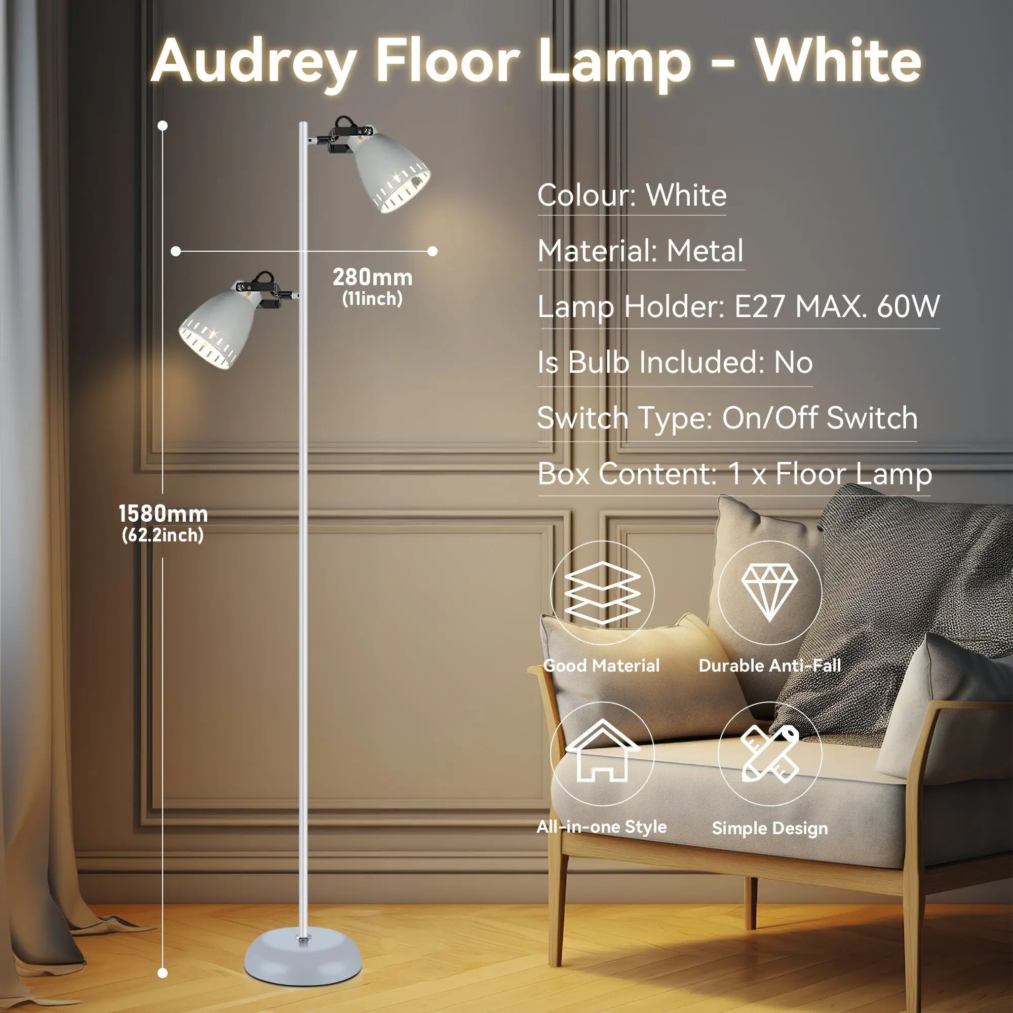 Lexi Lighting Audrey floor lamp white with metal base and shade