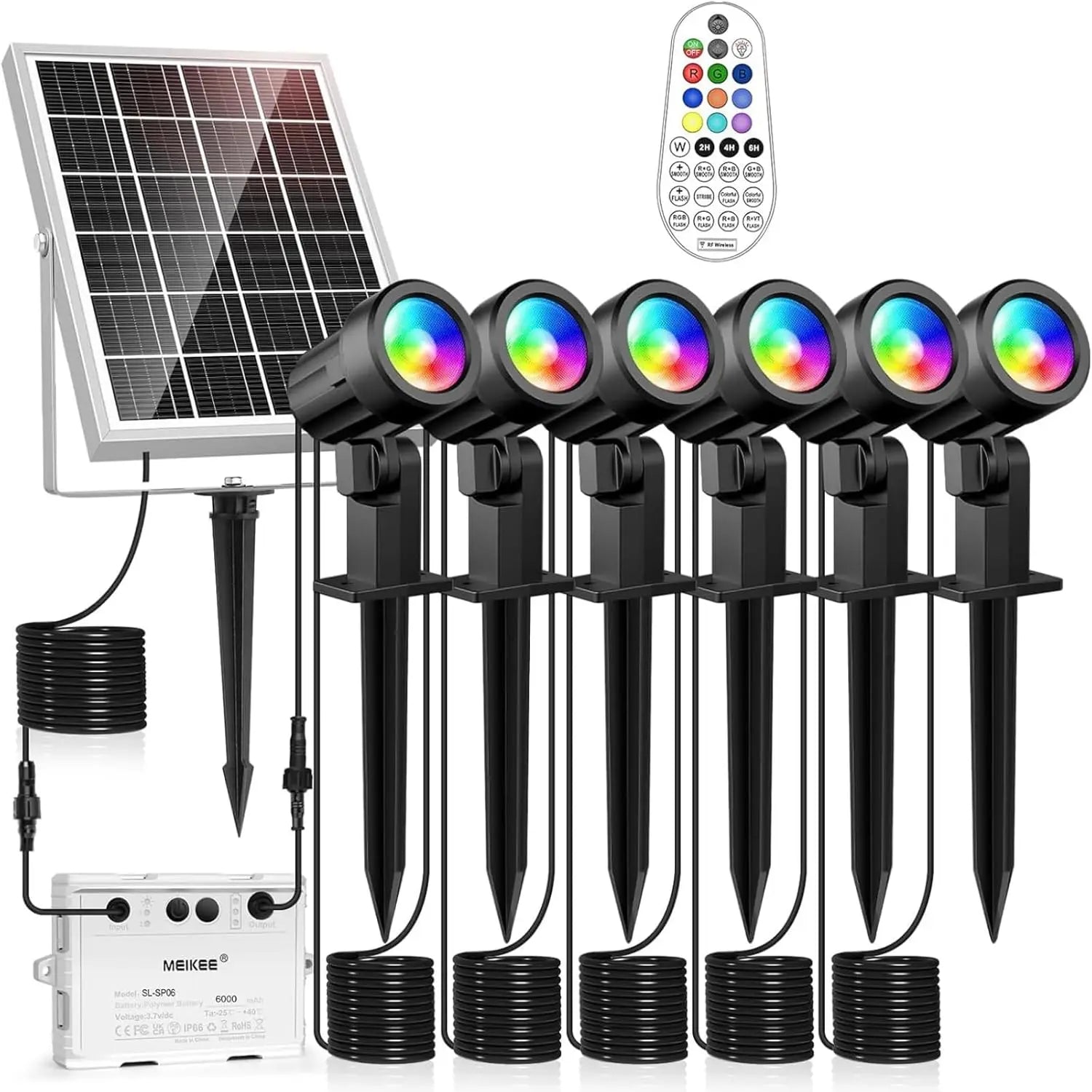 Solar-powered LED light system with six colorful lights, solar panel, and remote control on a white background.