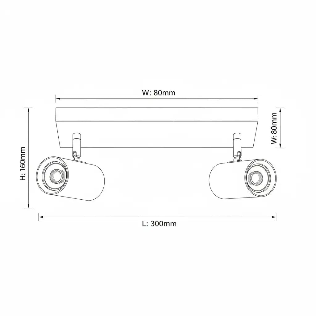 Black and white technical dimension diagram of a two-light linear track fixture with adjustable heads and mounting brackets, showing measurements for width (W: 80mm), height (H: 160mm), and total length (L: 300mm).