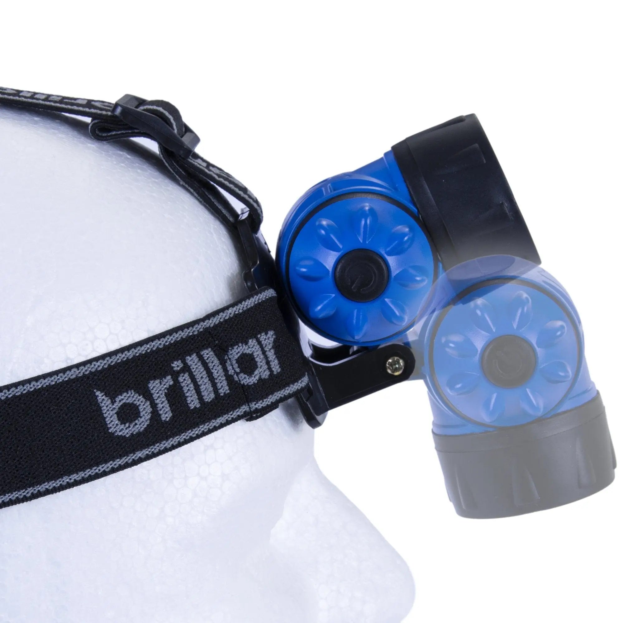 Brillar 3-mode headlamp blue with 90° tilt on white form