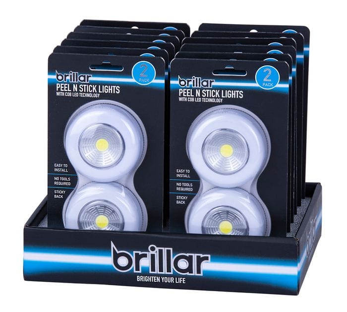 Brillar Counter Display Of 12 Twin packs Wireless Peel n Stick Lights with COB LED Technology 2pk BR0014/12