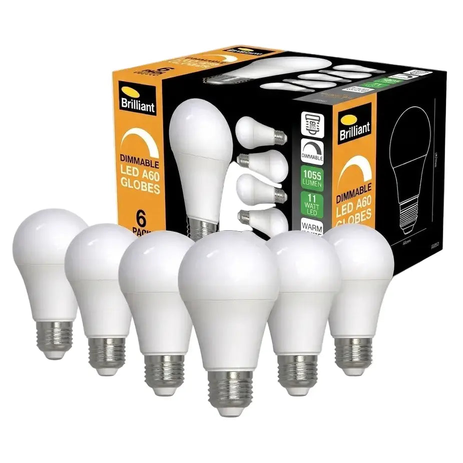 Pack of Brilliant LED light bulbs with packaging on a white background