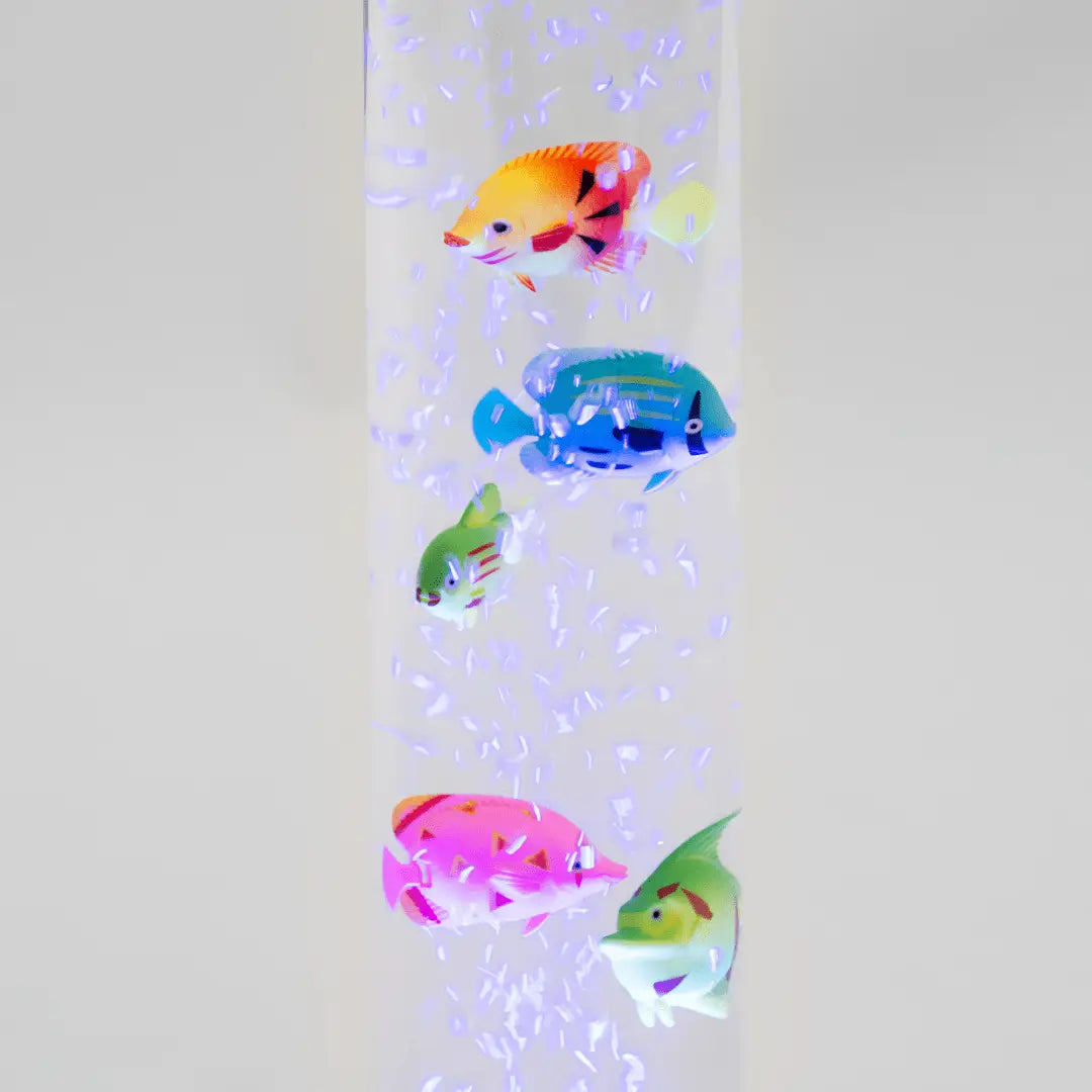A 90cm bubble fish lamp tower with color-changing led lights, purple illumination, bubbles, and five artificial fish in australia