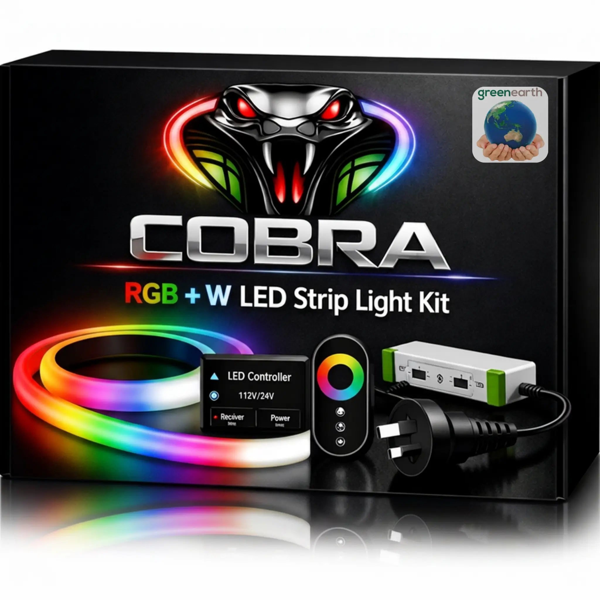 COBRA RGB+W LED Strip Light Kit packaging with snake logo and product illustration on a black background.