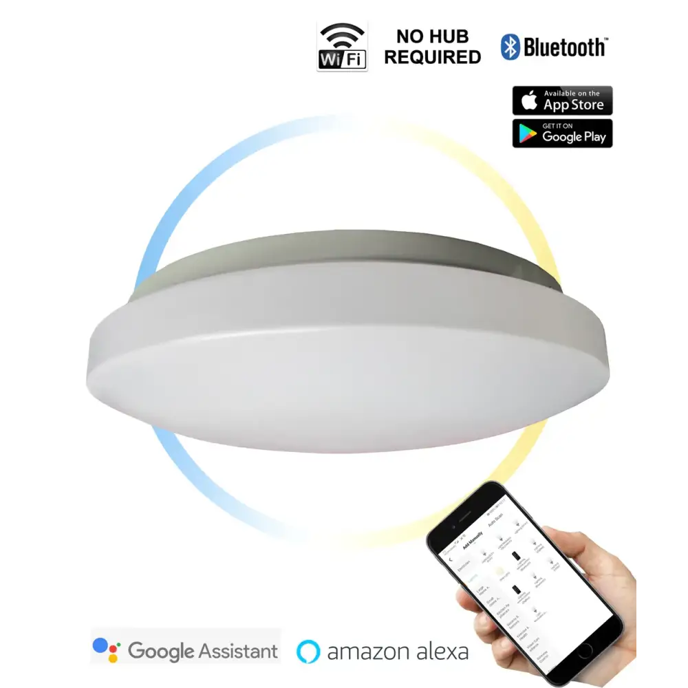 Smart ceiling light with smartphone control, showing compatibility with Google Assistant and Amazon Alexa.