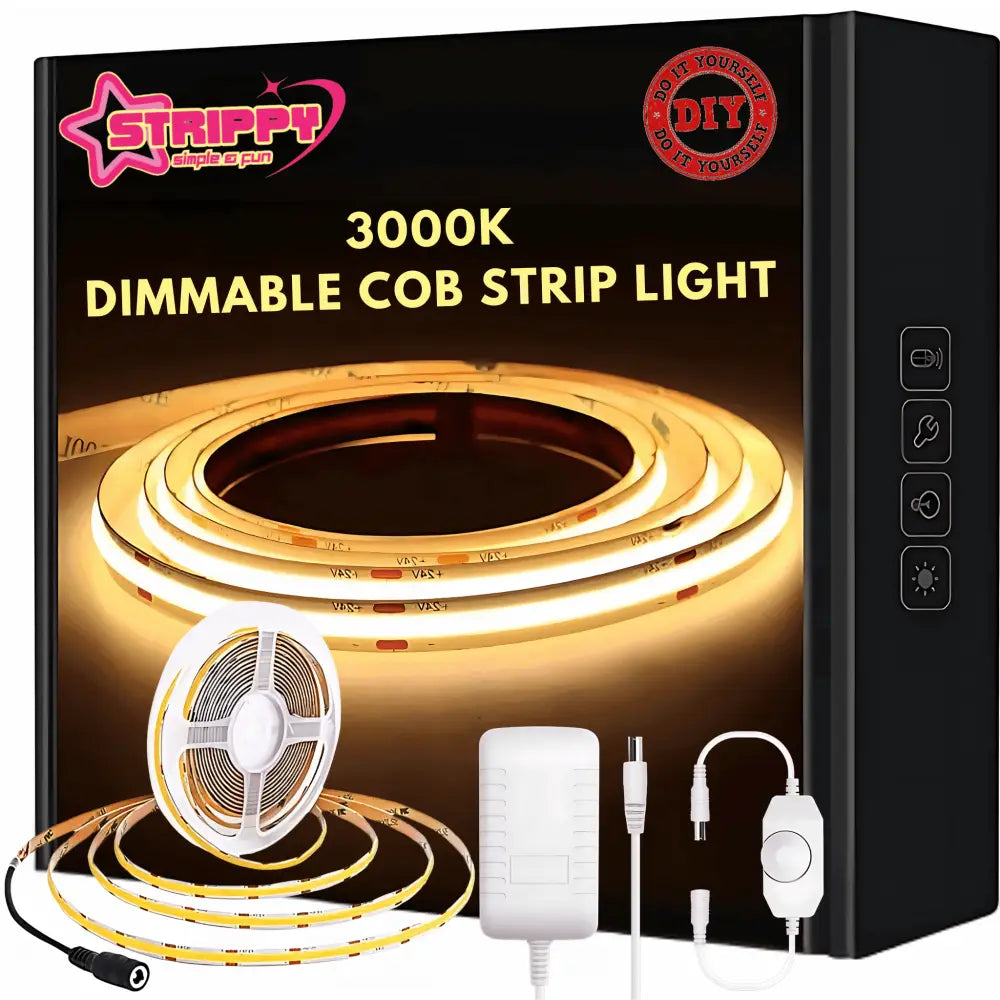 Strippy Home & Garden > Lighting Strippy GlowFlex 5M COB LED Strip Kit – Dotless | Flexible Tape Light with Dimmer & Power Adapter - 3000K GF5M3K