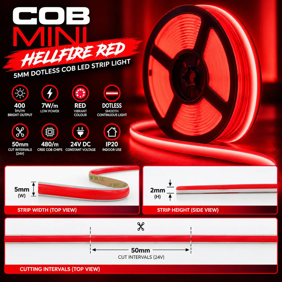 COB MINI Hellfire Red – 5mm Dotless Red COB LED Strip 24V