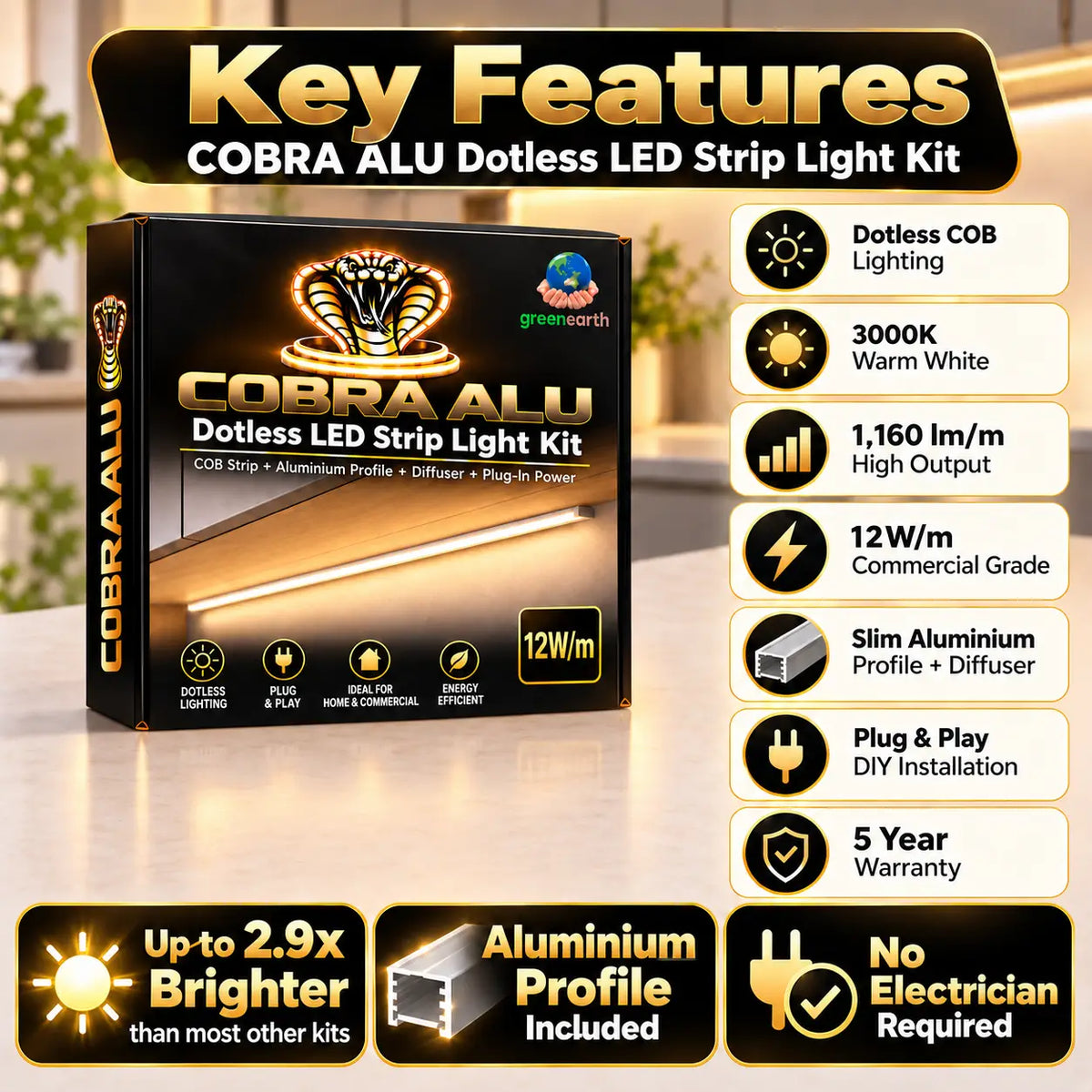 COBRA ALU 12W/m Dotless COB LED Strip Light Kit with Aluminium Profile – 3000K Warm White