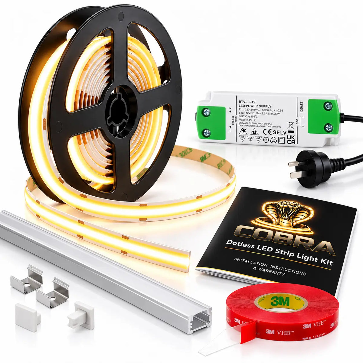 COBRA ALU 12W/m Dotless COB LED Strip Light Kit with Aluminium Profile – 3000K Warm White