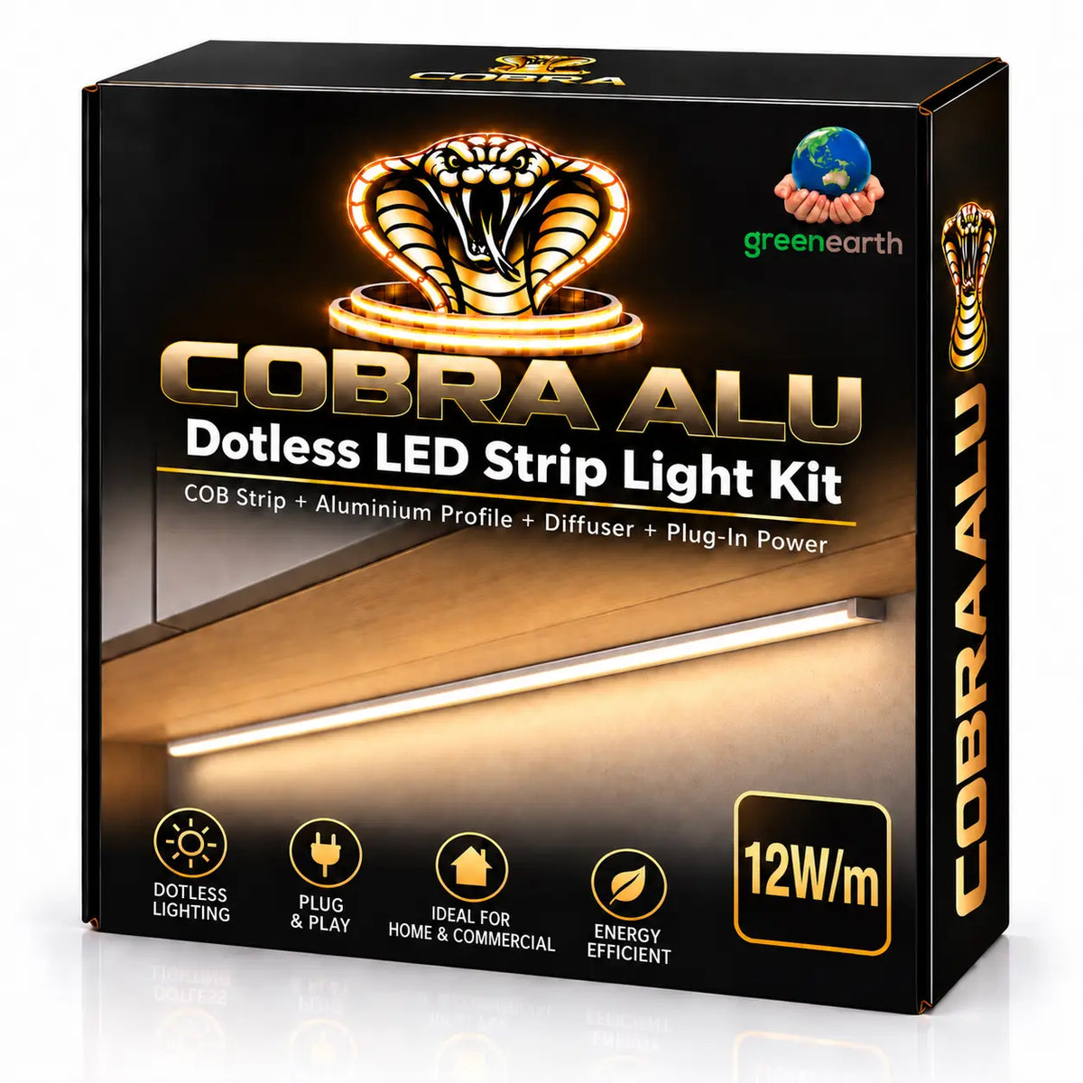 COBRA ALU 12W/m Dotless COB LED Strip Light Kit with Aluminium Profile – 3000K Warm White