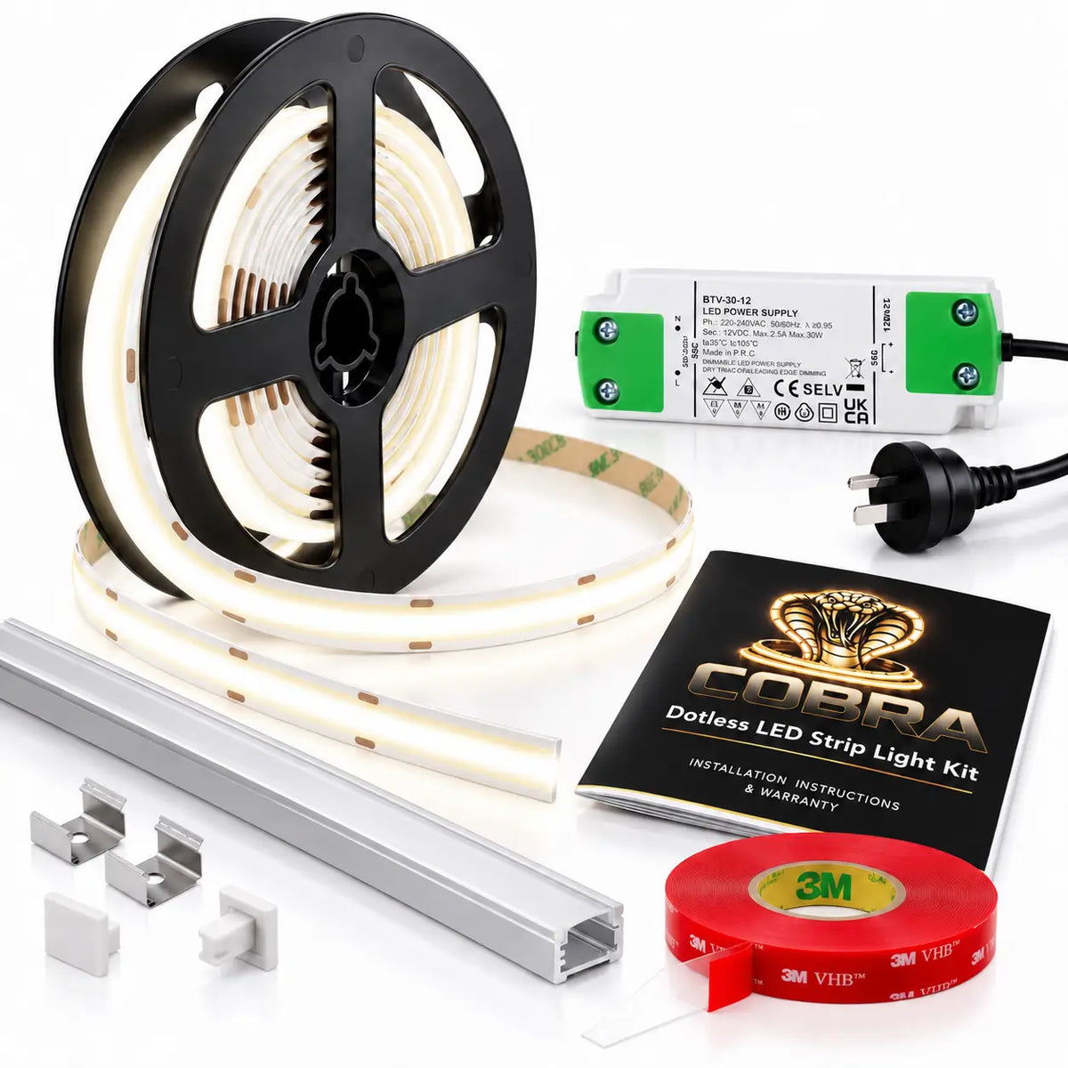 COBRA ALU 12W/m Dotless COB LED Strip Light Kit with Aluminium Profile – 4000K Cool White