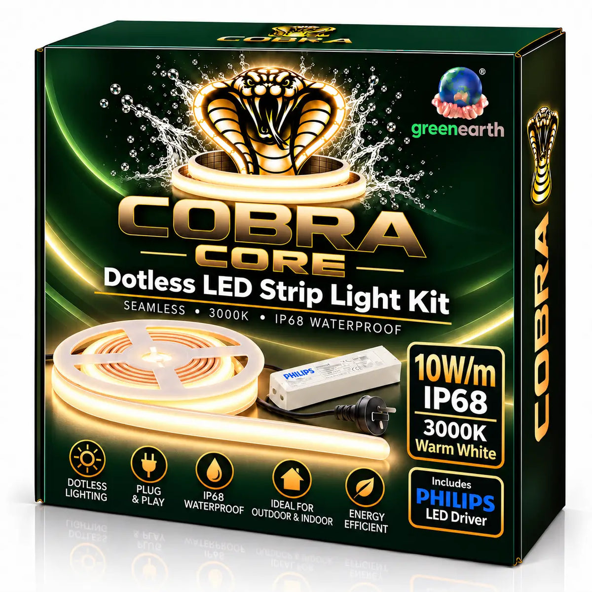 COBRA Core Waterproof 10W/m Dotless COB LED Strip Light Kit – 3000K Warm White
