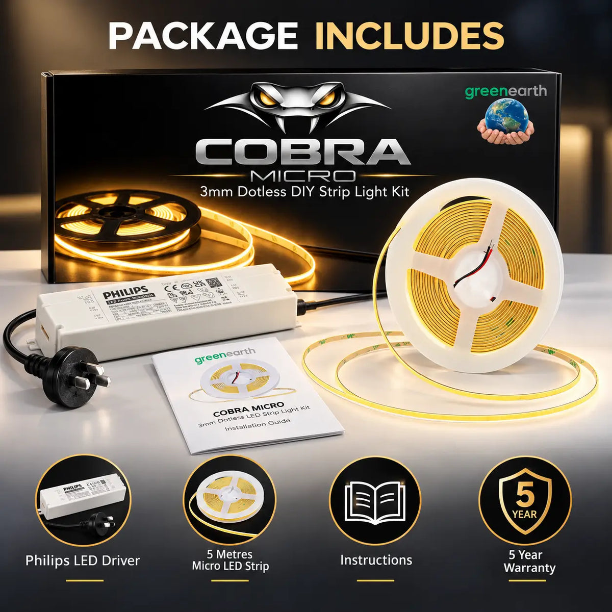 COBRA MICRO 3mm LED Strip Light Kit 6W/m – Dotless 5 meter set (IP20 Indoor)
