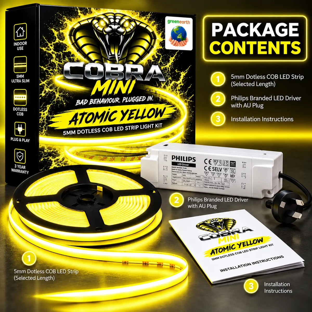 COBRA MINI Atomic Yellow – 5mm Dotless Yellow COB LED Strip Light Kit