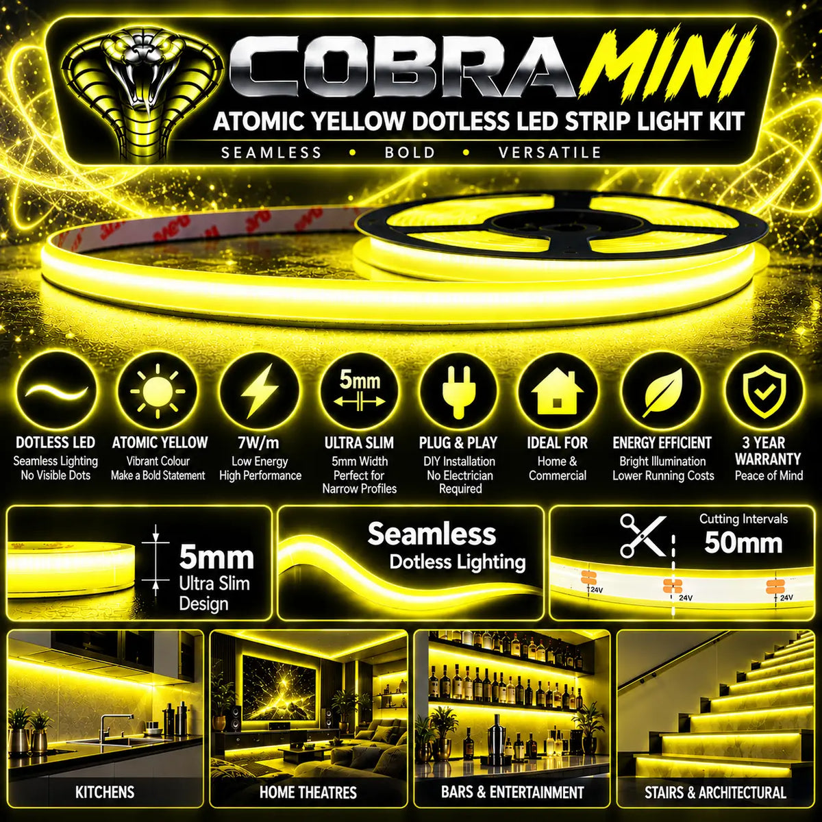 COBRA MINI Atomic Yellow – 5mm Dotless Yellow COB LED Strip Light Kit