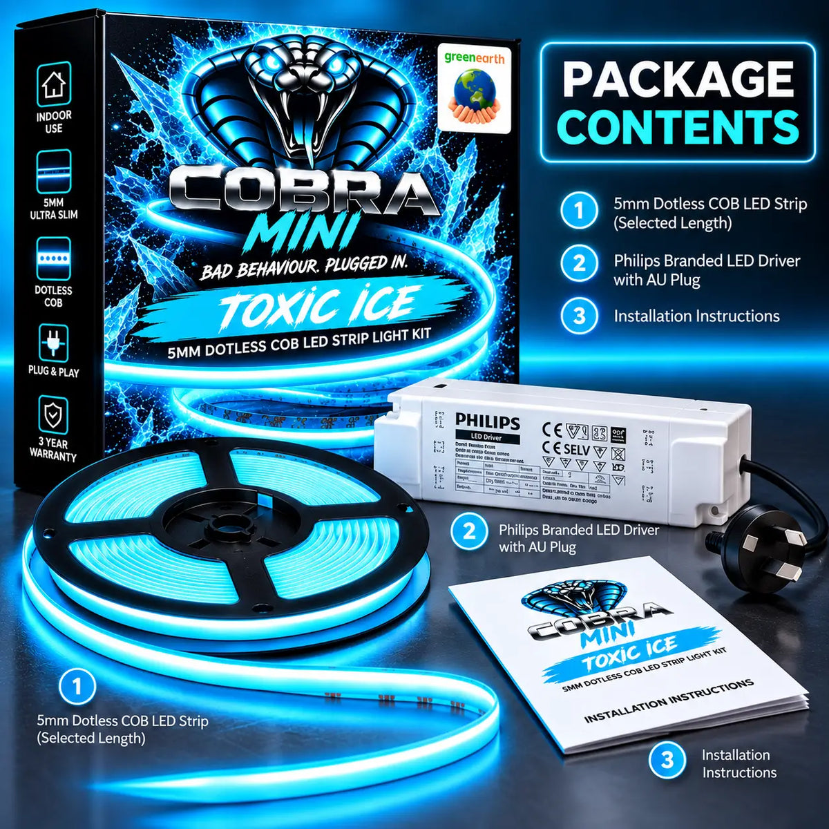 COBRA MINI Toxic Ice – 5mm Dotless Cyan Blue COB LED Strip Light Kit