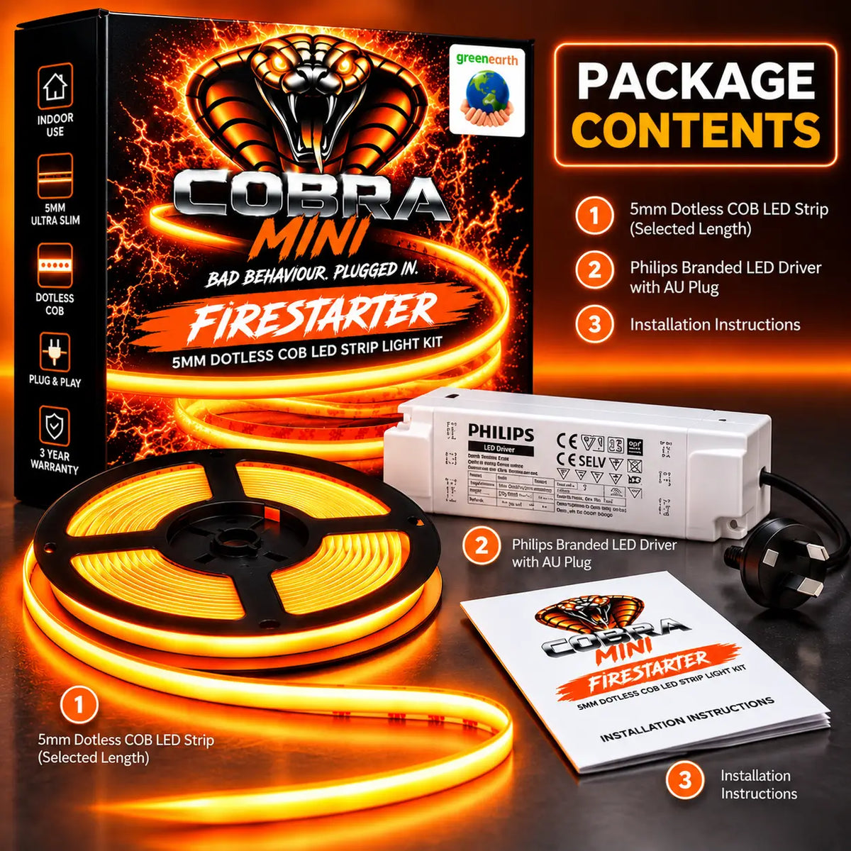 COBRA MINI Firestarter – 5mm Dotless Orange COB LED Strip Light Kit