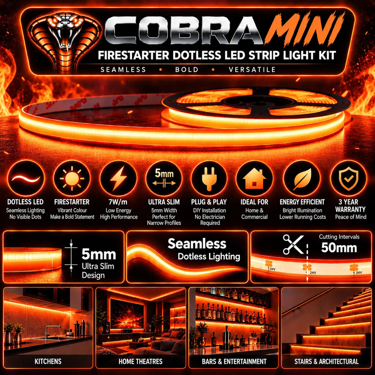 COBRA MINI Firestarter – 5mm Dotless Orange COB LED Strip Light Kit