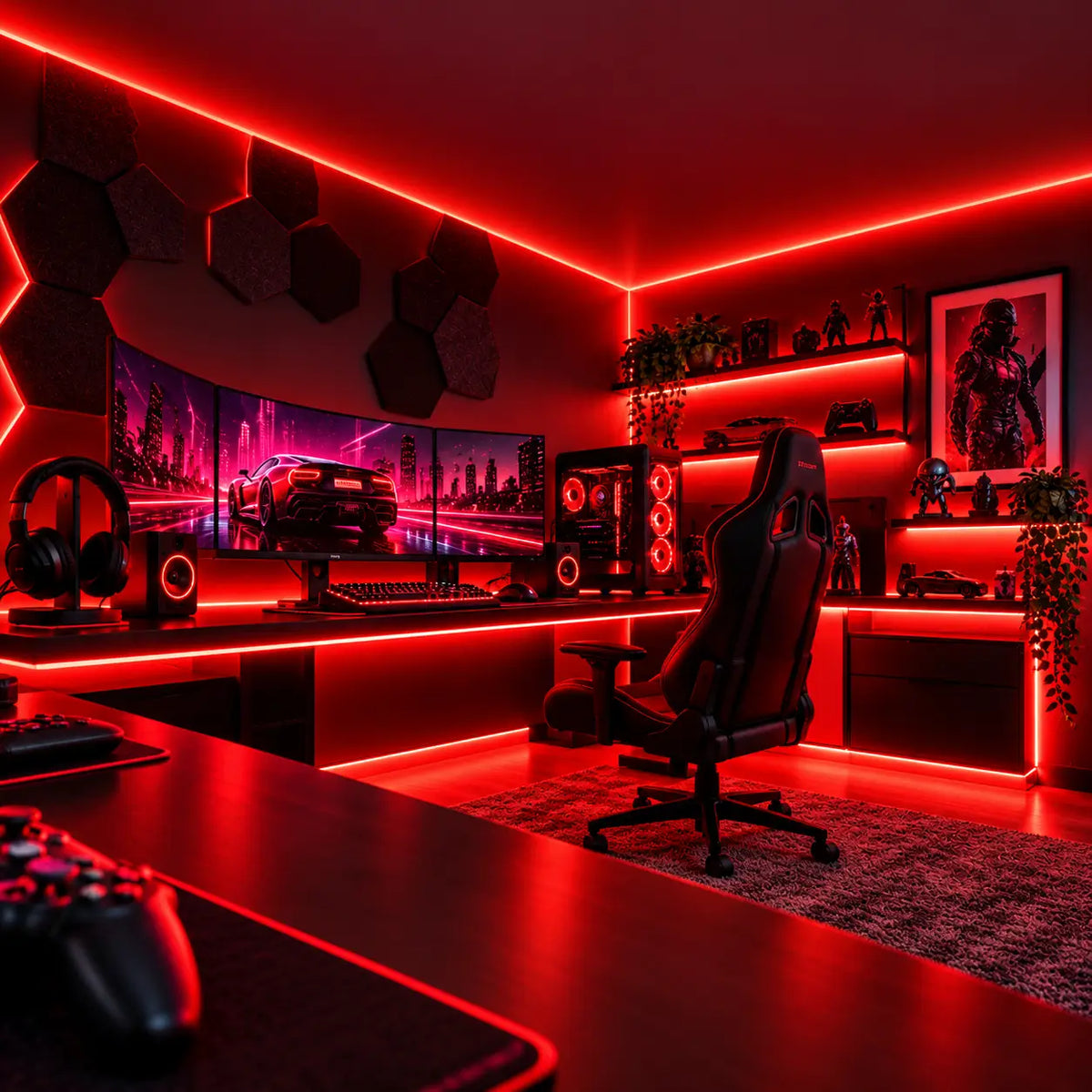 Modern gaming room illuminated with Hellfire Red dotless LED strip lighting around the gaming desk, ceiling and display shelves.