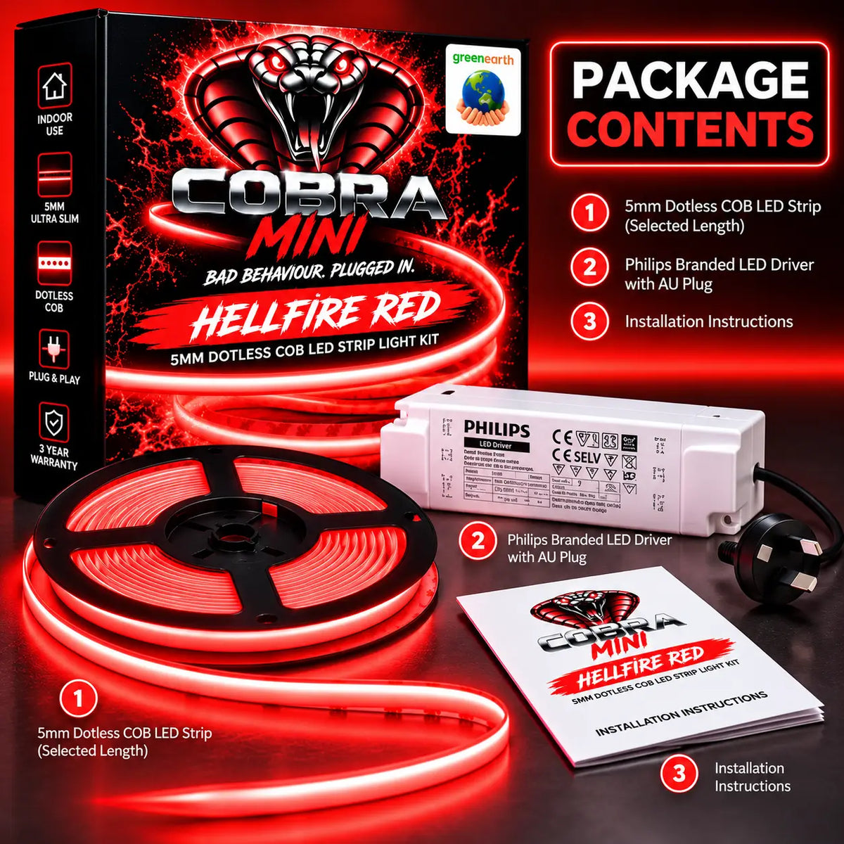 COBRA MINI Hellfire Red LED strip kit contents including 5mm red dotless COB strip, Philips 24V driver with Australian plug and instructions.