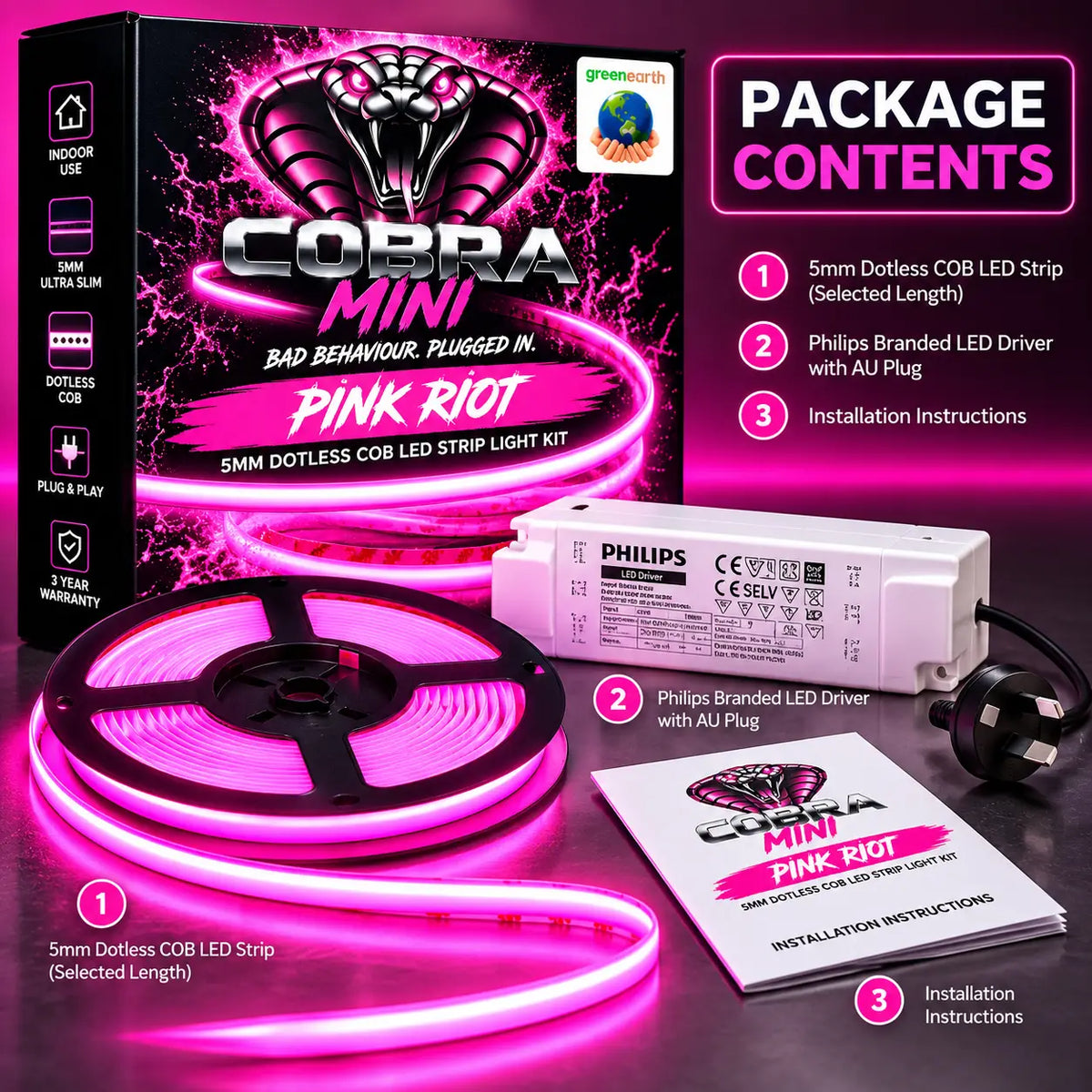 COBRA MINI Pink Riot – 5mm Dotless Pink COB LED Strip Light Kit