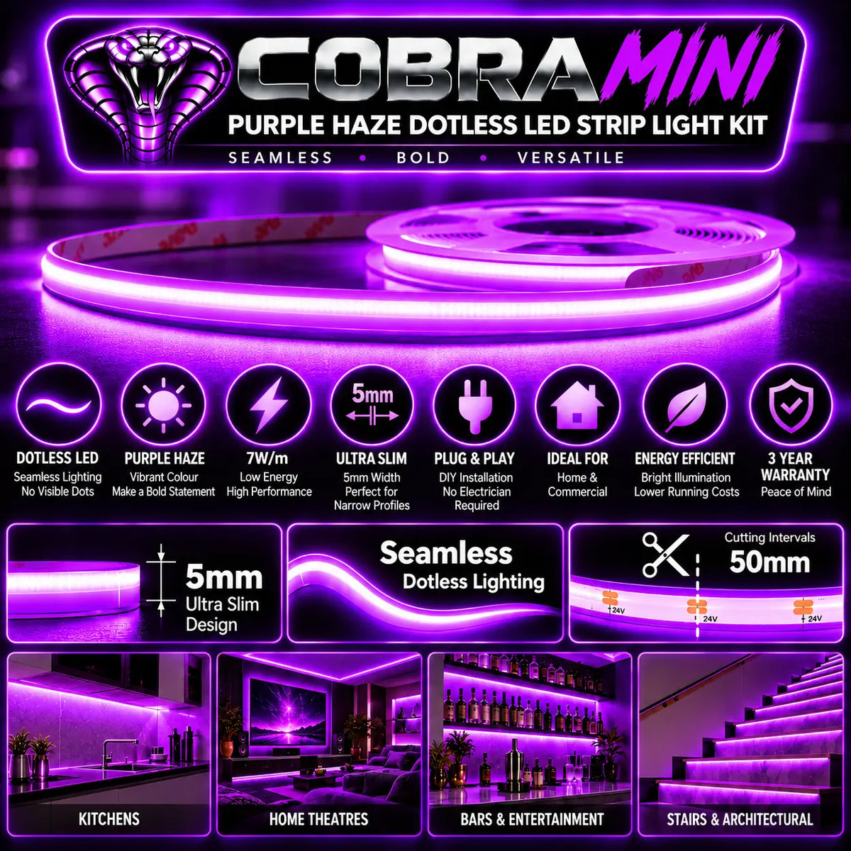 COBRA MINI Purple Haze – 5mm Dotless Violet COB LED Strip Light Kit