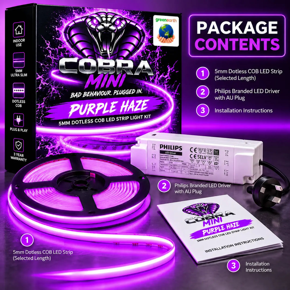 COBRA MINI Purple Haze – 5mm Dotless Violet COB LED Strip Light Kit