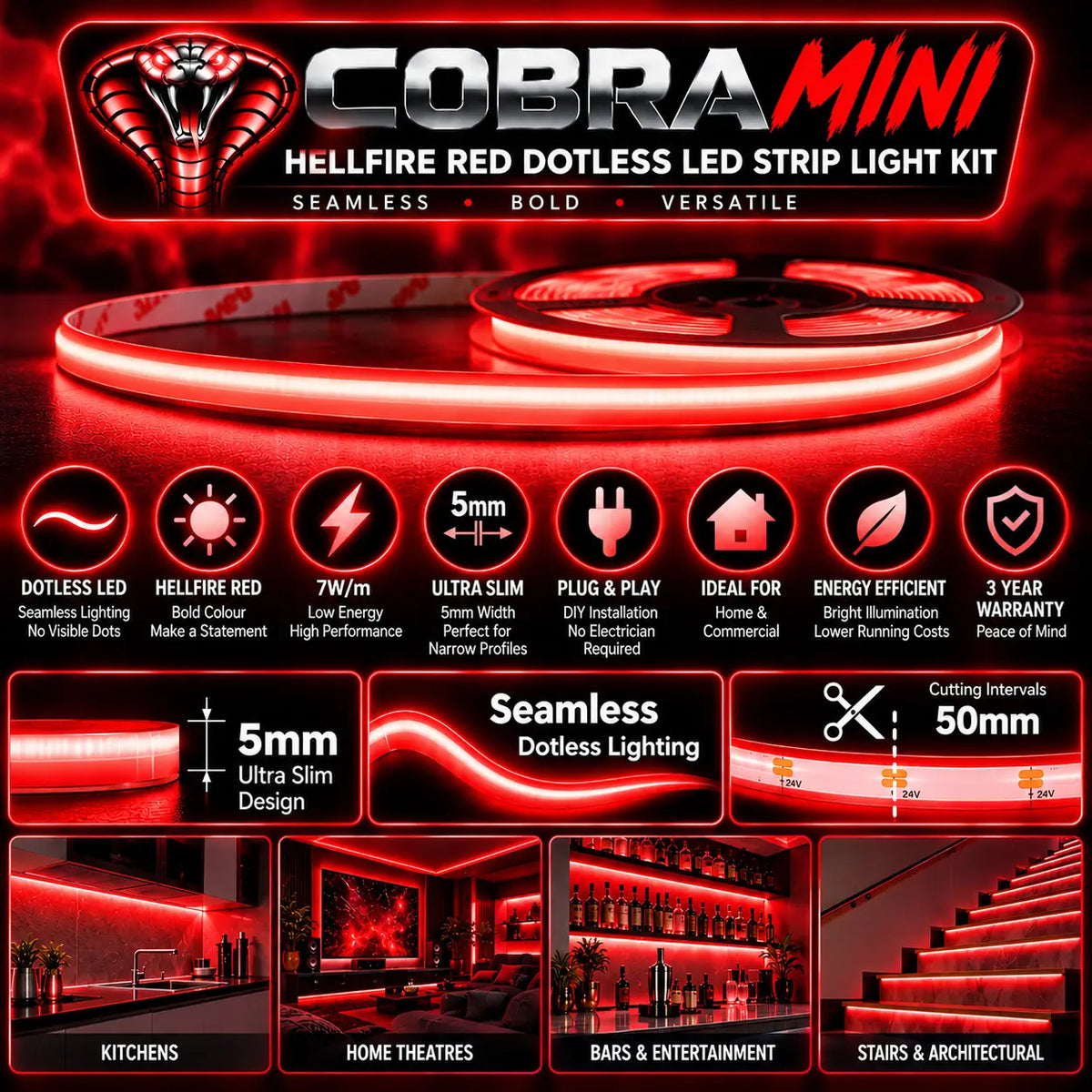 COBRA MINI Hellfire Red 5mm dotless LED strip kit featuring 7W per metre, 24V operation, plug-and-play installation and 3-year warranty.