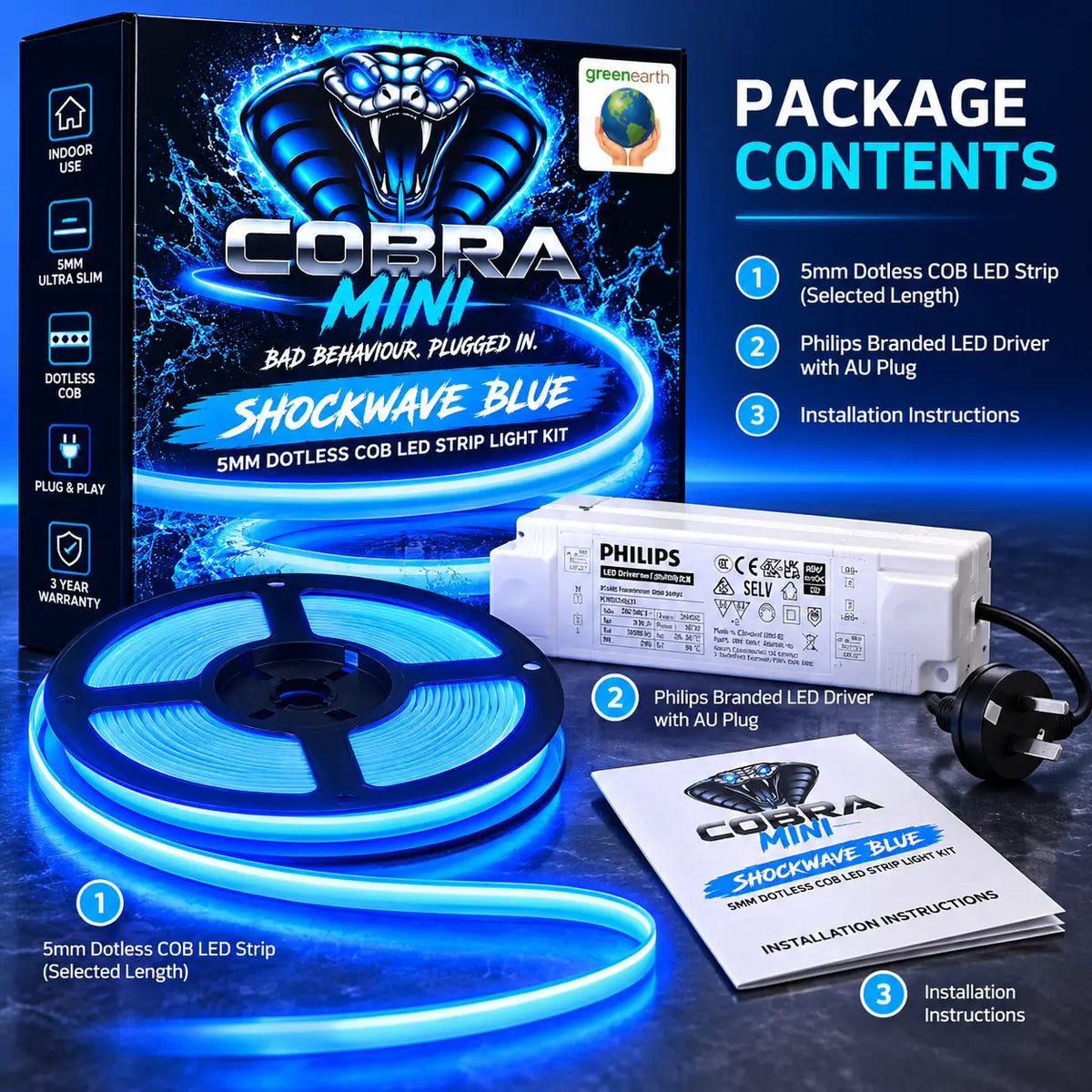 COBRA MINI Shockwave Blue 5mm dotless COB LED strip light kit with Philips driver, seamless blue illumination and plug-and-play installation.