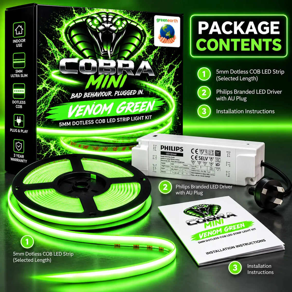 COBRA MINI Venom Green – 5mm Dotless Green COB LED Strip Light Kit
