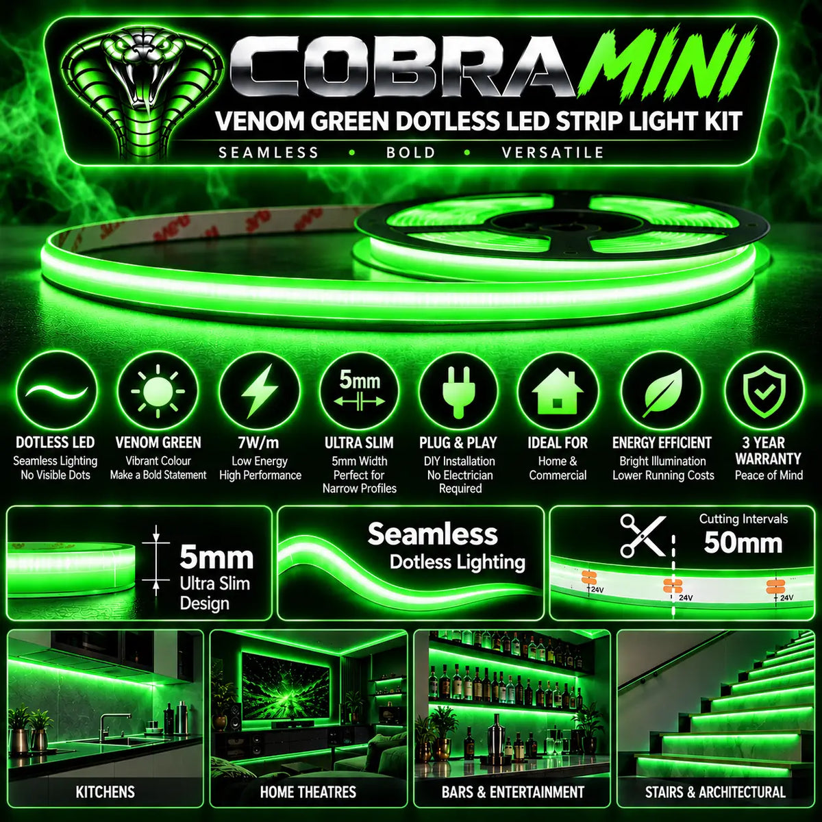 COBRA MINI Venom Green – 5mm Dotless Green COB LED Strip Light Kit