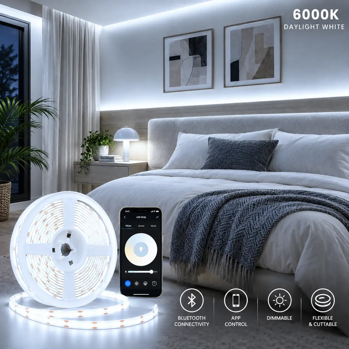 Smart Bluetooth Dotless COB LED Strip Light Kit – 6000K Daylight White