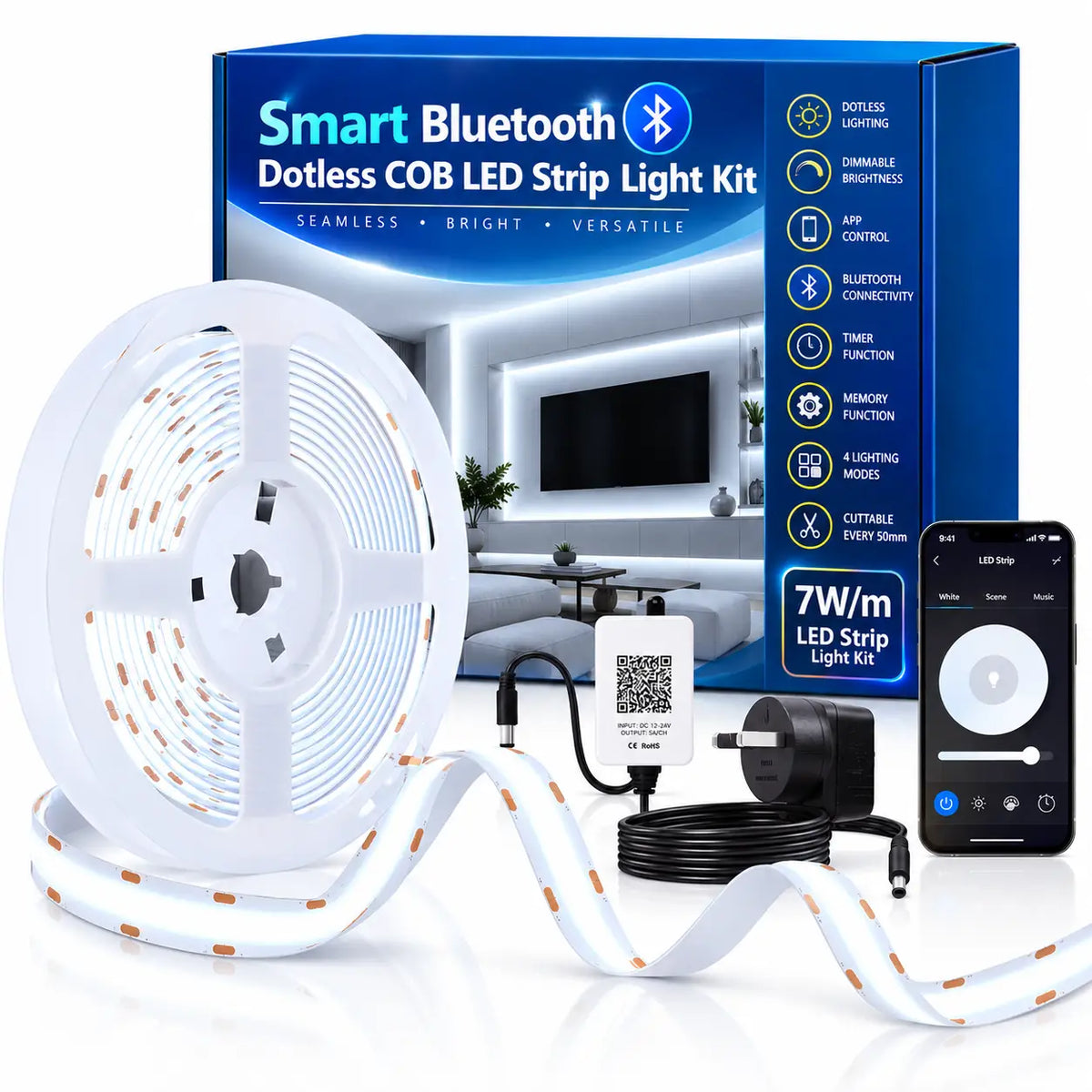 Smart Bluetooth Dotless COB LED Strip Light Kit – 6000K Daylight White