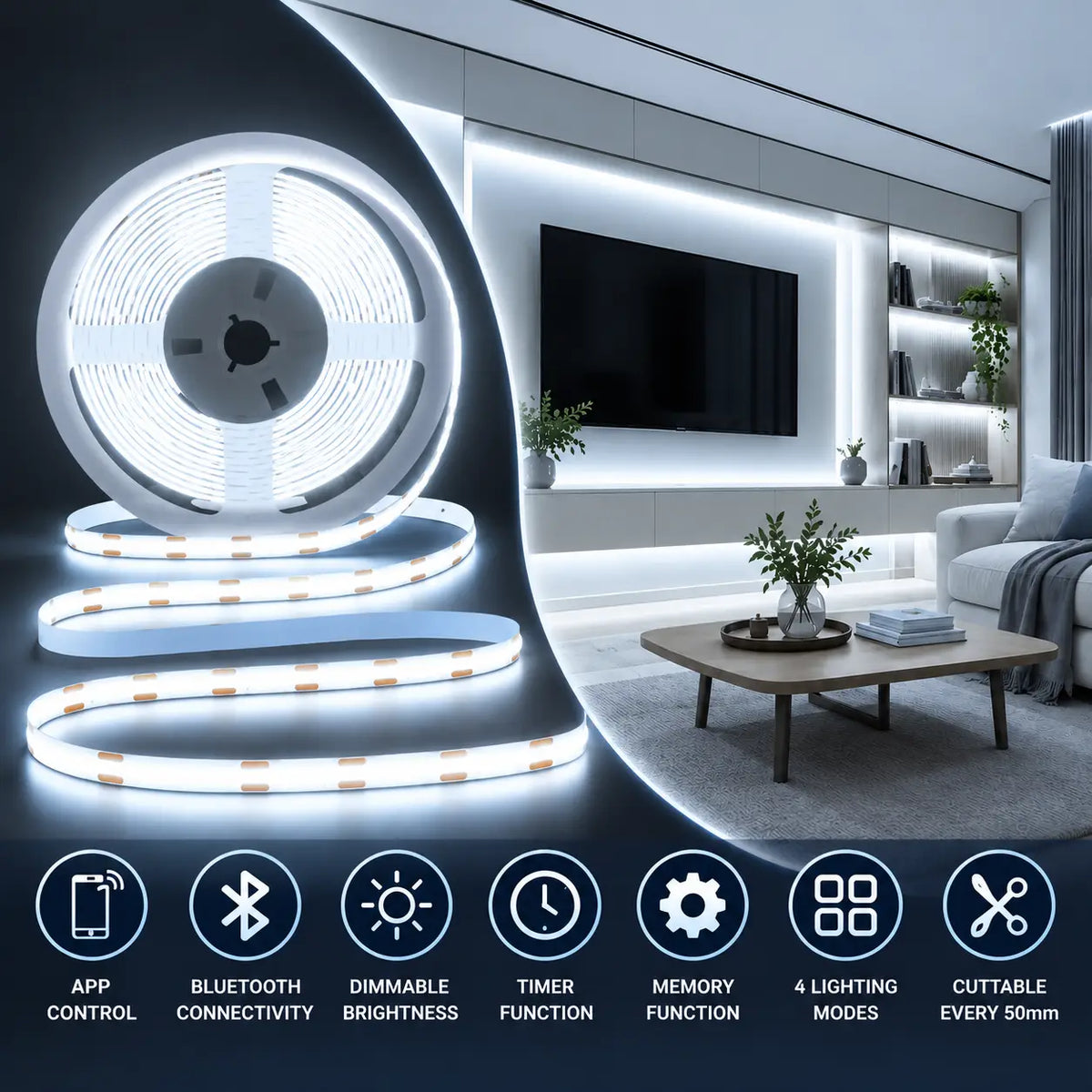 Smart Bluetooth Dotless COB LED Strip Light Kit – 6000K Daylight White